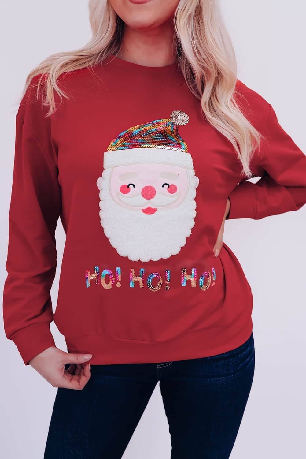Red Ho Ho Ho Sequined Santa Claus Sweatshirt