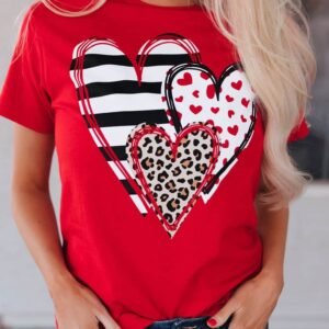 Red Leopard Striped Heart Shaped Print Crew Neck T Shirt