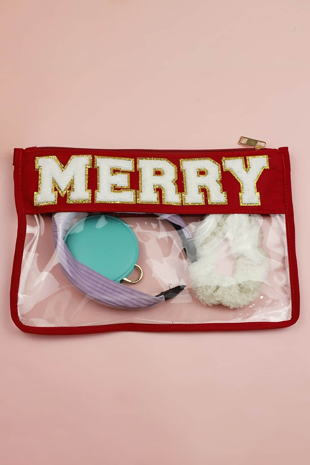 Red Merry Contrast Trim Clear Makeup Bag