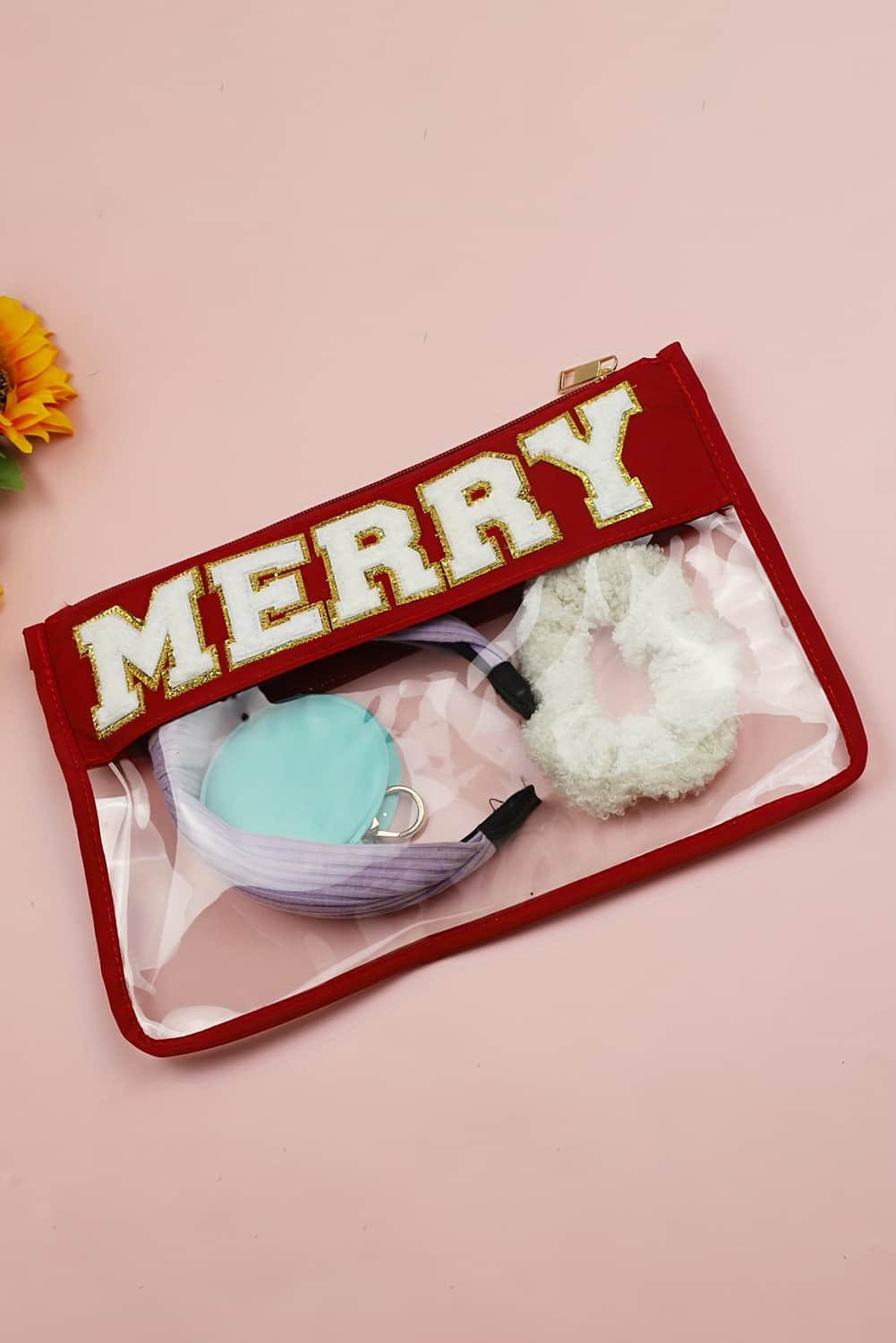 Red Merry Contrast Trim Clear Makeup Bag