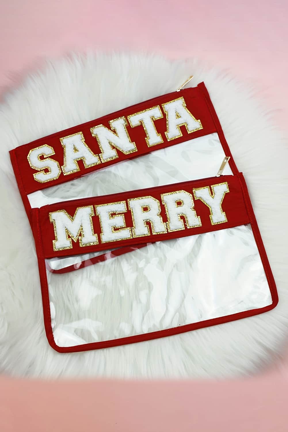 Red Merry Contrast Trim Clear Makeup Bag