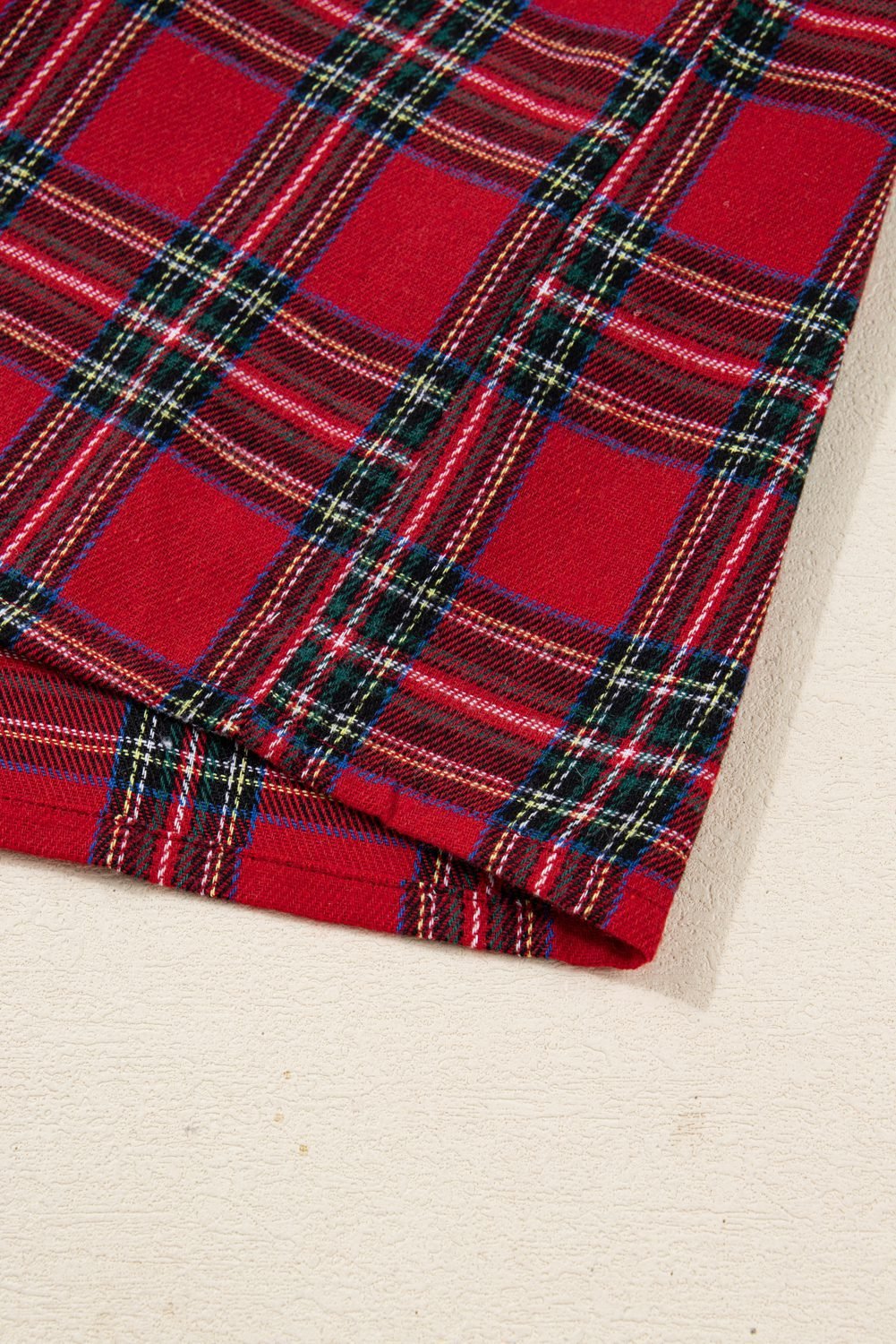 Red Plaid Contrast Patched Christmas Holiday Long Sleeve Shirt And Short 2Pcs Pajama Set