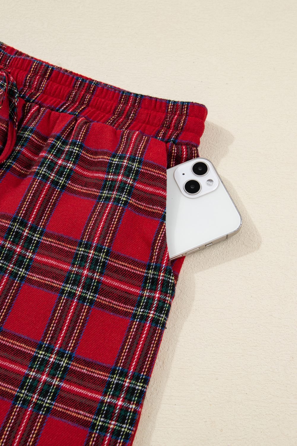 Red Plaid Contrast Patched Christmas Holiday Long Sleeve Shirt And Short 2Pcs Pajama Set