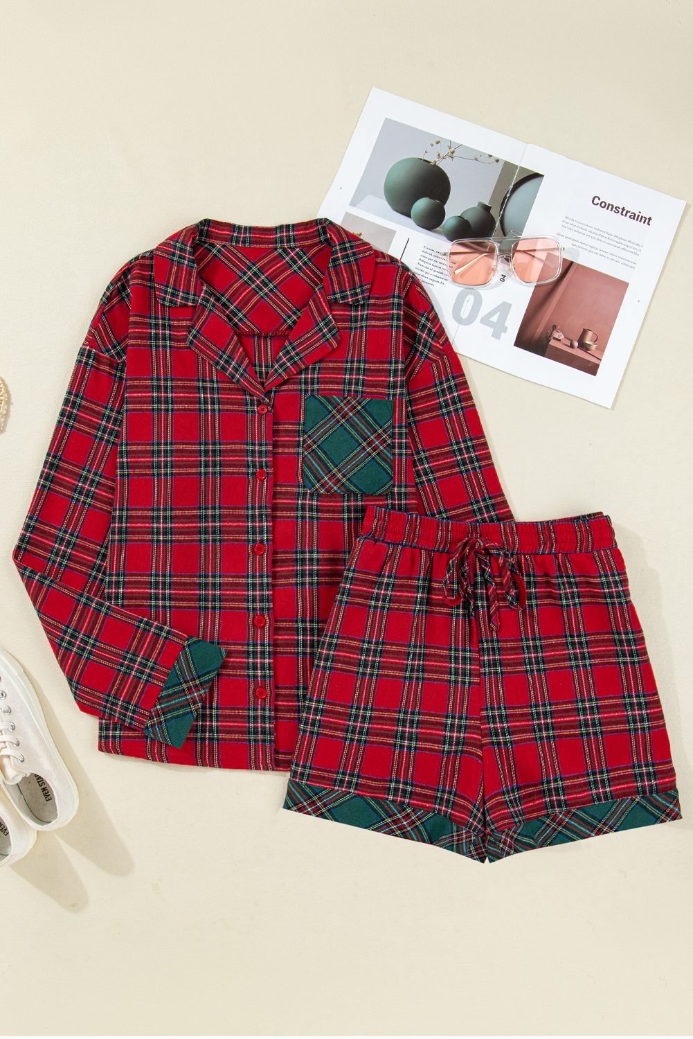 Red Plaid Contrast Patched Christmas Holiday Long Sleeve Shirt And Short 2Pcs Pajama Set