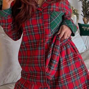 Red Plaid Contrast Patched Christmas Holiday Long Sleeve Shirt And Short 2Pcs Pajama Set