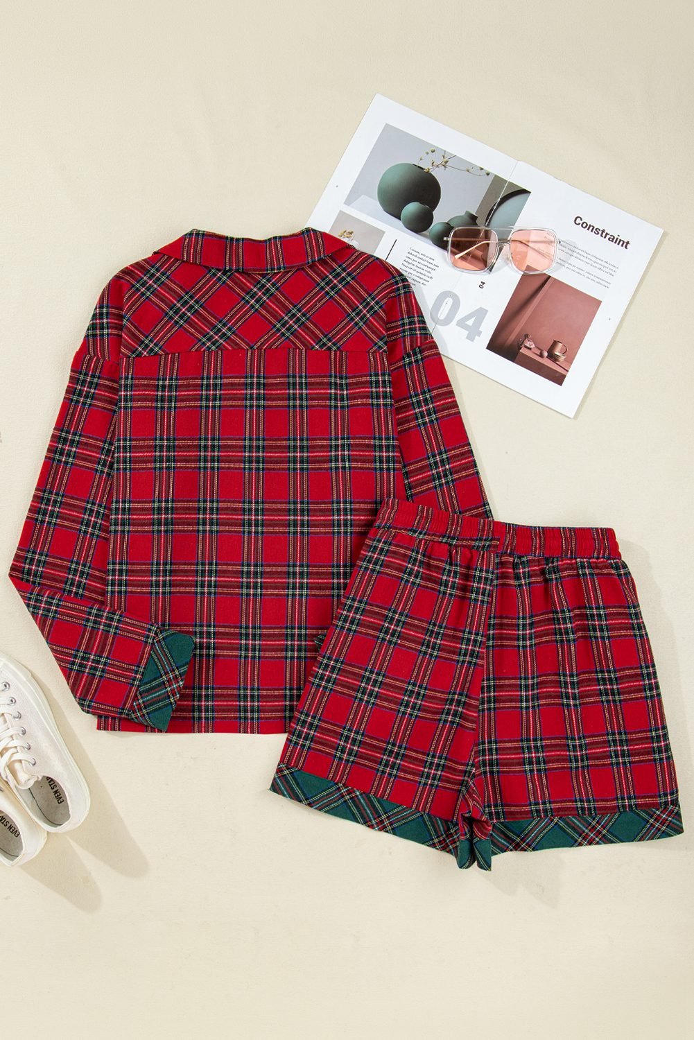 Red Plaid Contrast Patched Christmas Holiday Long Sleeve Shirt And Short 2Pcs Pajama Set