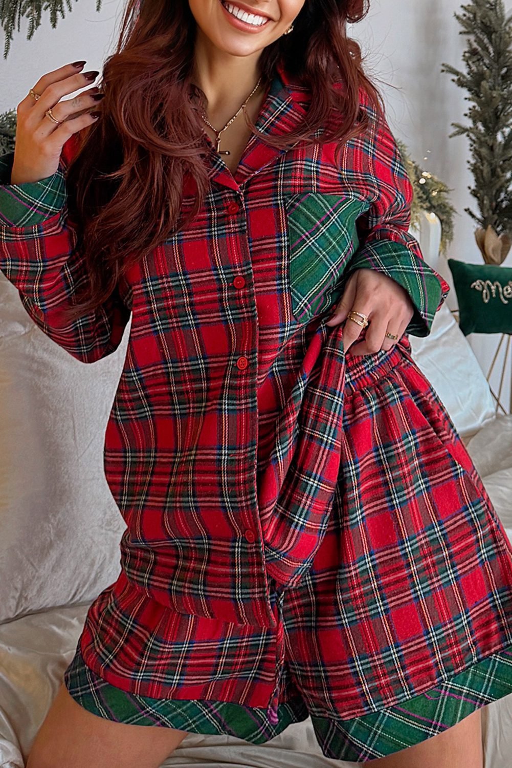Red Plaid Contrast Patched Christmas Holiday Long Sleeve Shirt And Short 2Pcs Pajama Set