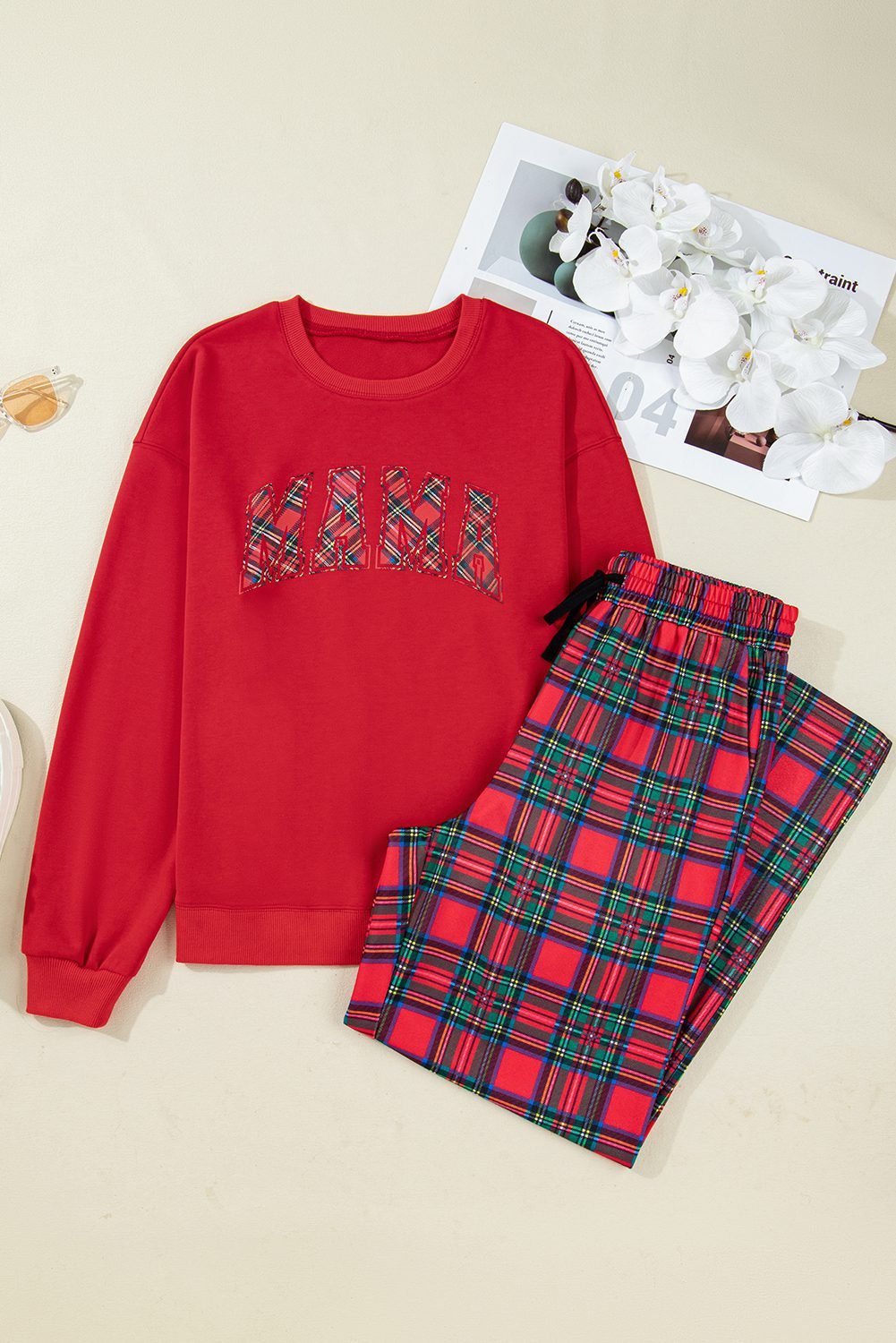 Red Plaid Mama Graphic Christmas Holiday Crewneck Pullover And Pants Two Piece Lounge Set