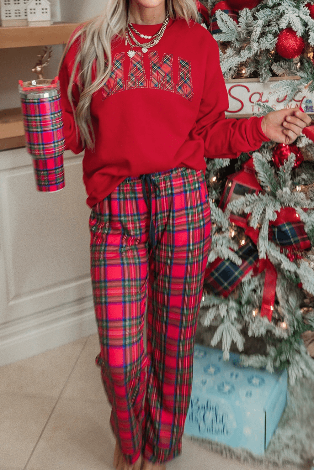 Red Plaid Mama Graphic Christmas Holiday Crewneck Pullover And Pants Two Piece Lounge Set