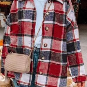 Red Plaid Print Buttoned Shirt Jacket