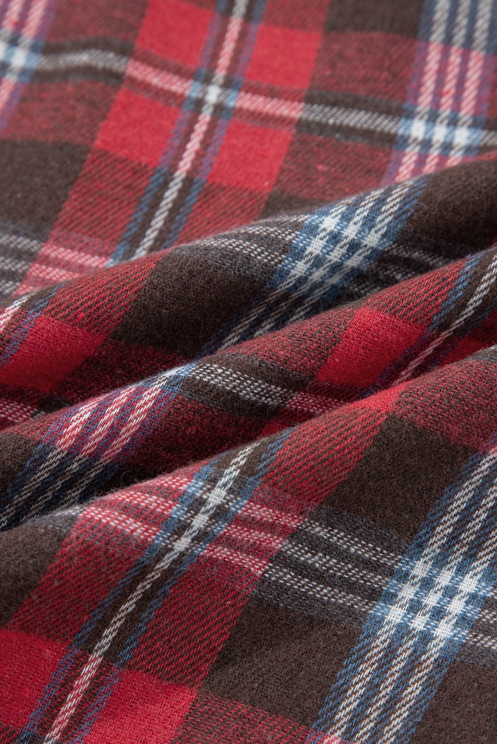 Red Plaid Print Collared V Neck Loose Blouse With Side Slits