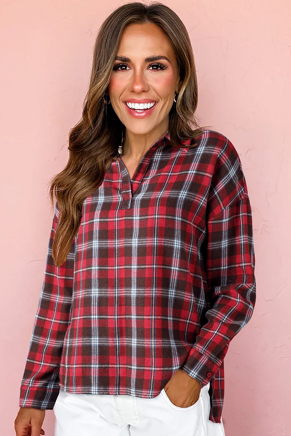 Red Plaid Print Collared V Neck Loose Blouse With Side Slits