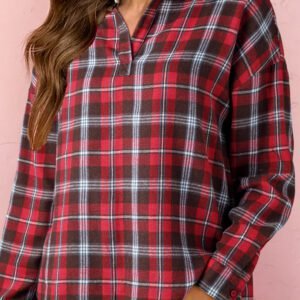 Red Plaid Print Collared V Neck Loose Blouse With Side Slits