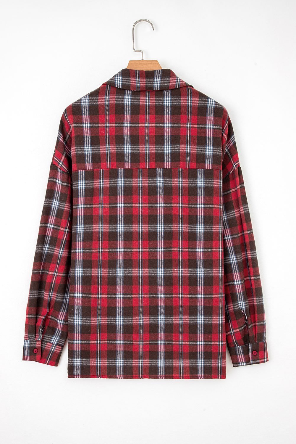 Red Plaid Print Collared V Neck Loose Blouse With Side Slits