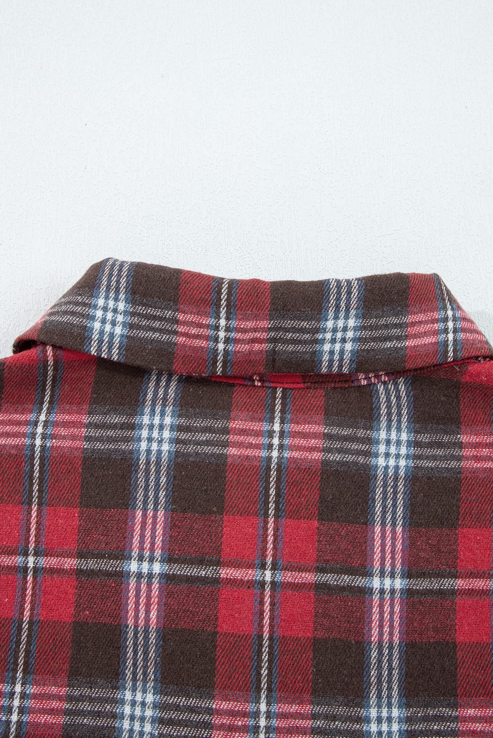 Red Plaid Print Collared V Neck Loose Blouse With Side Slits