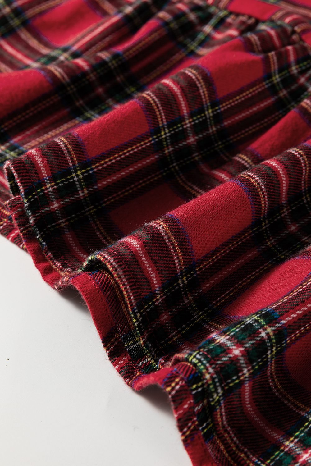 Red Plaid Shirt Collar Half Button Ruffle Hem Long Sleeve Mini Dress