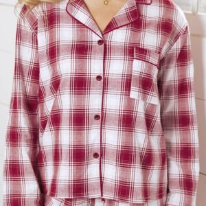 Red Retro Plaid Long Sleeve Shirt Drawstring Shorts 2Pcs Lounge Set