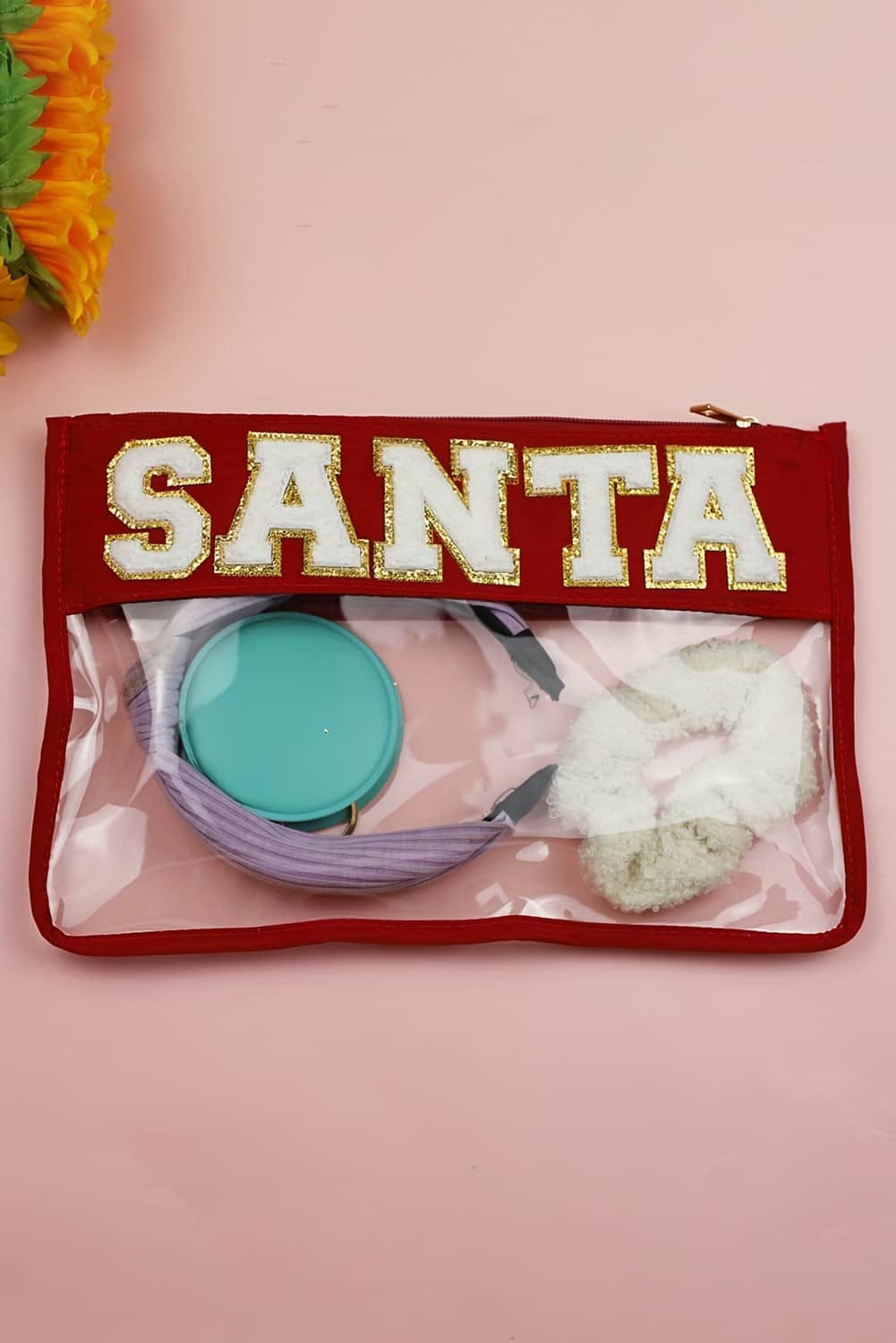 Red Santa Contrast Trim Clear Makeup Bag