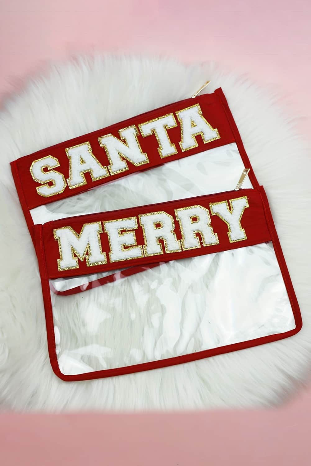 Red Santa Contrast Trim Clear Makeup Bag