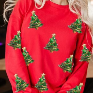 Red Sequin Christmas Tree Graphic Drop Shoulder Sweatshirt