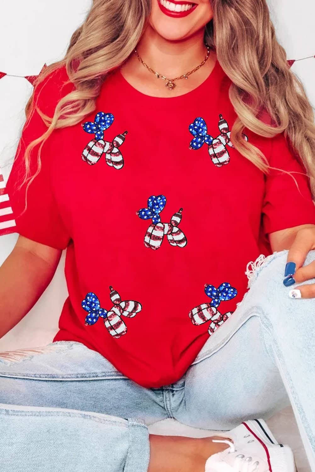 Red Sequin Stars And Stripes Balloon Puppy Graphic Crewneck Tee