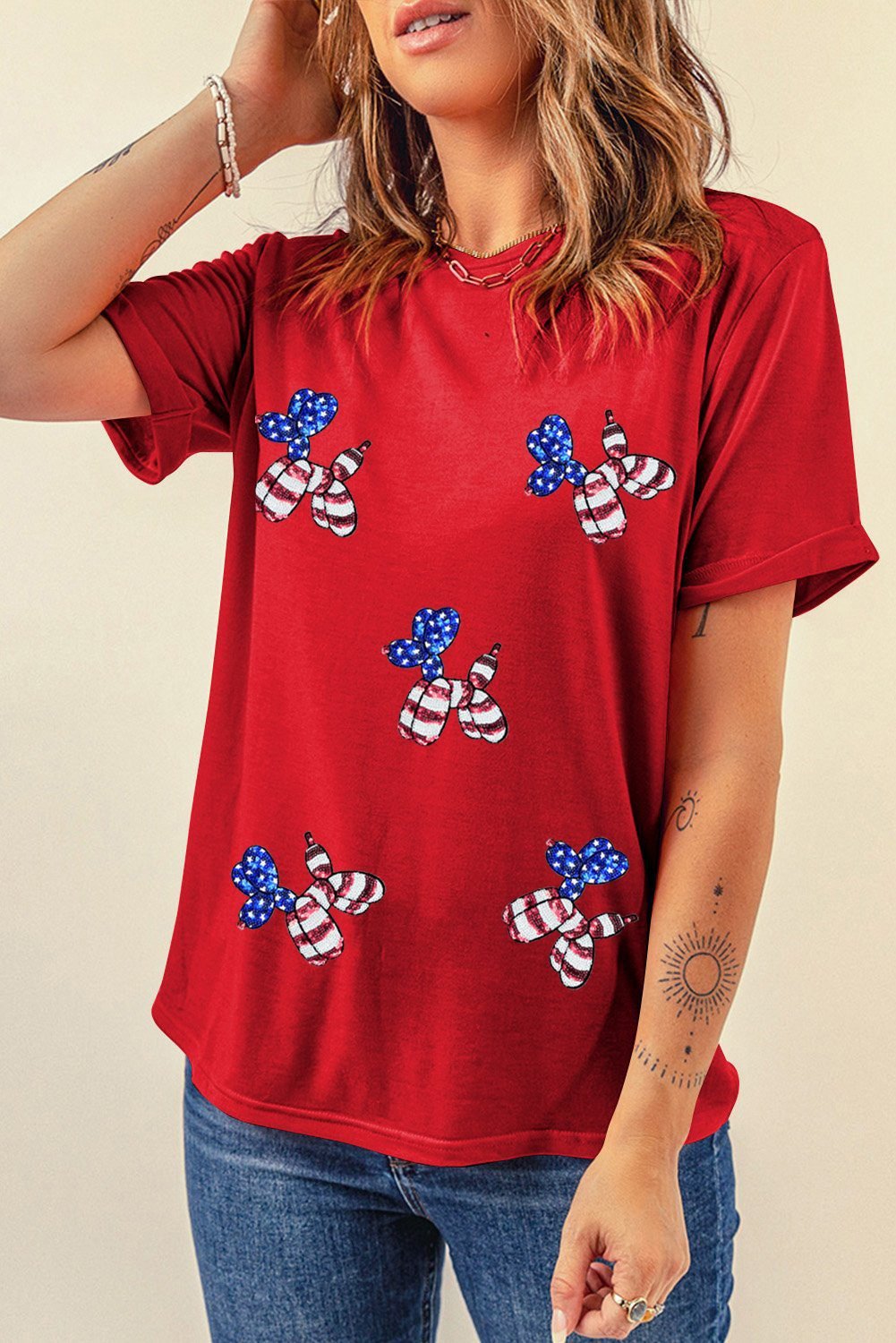 Red Sequin Stars And Stripes Balloon Puppy Graphic Crewneck Tee