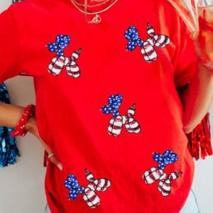Red Sequin Stars And Stripes Balloon Puppy Graphic Crewneck Tee