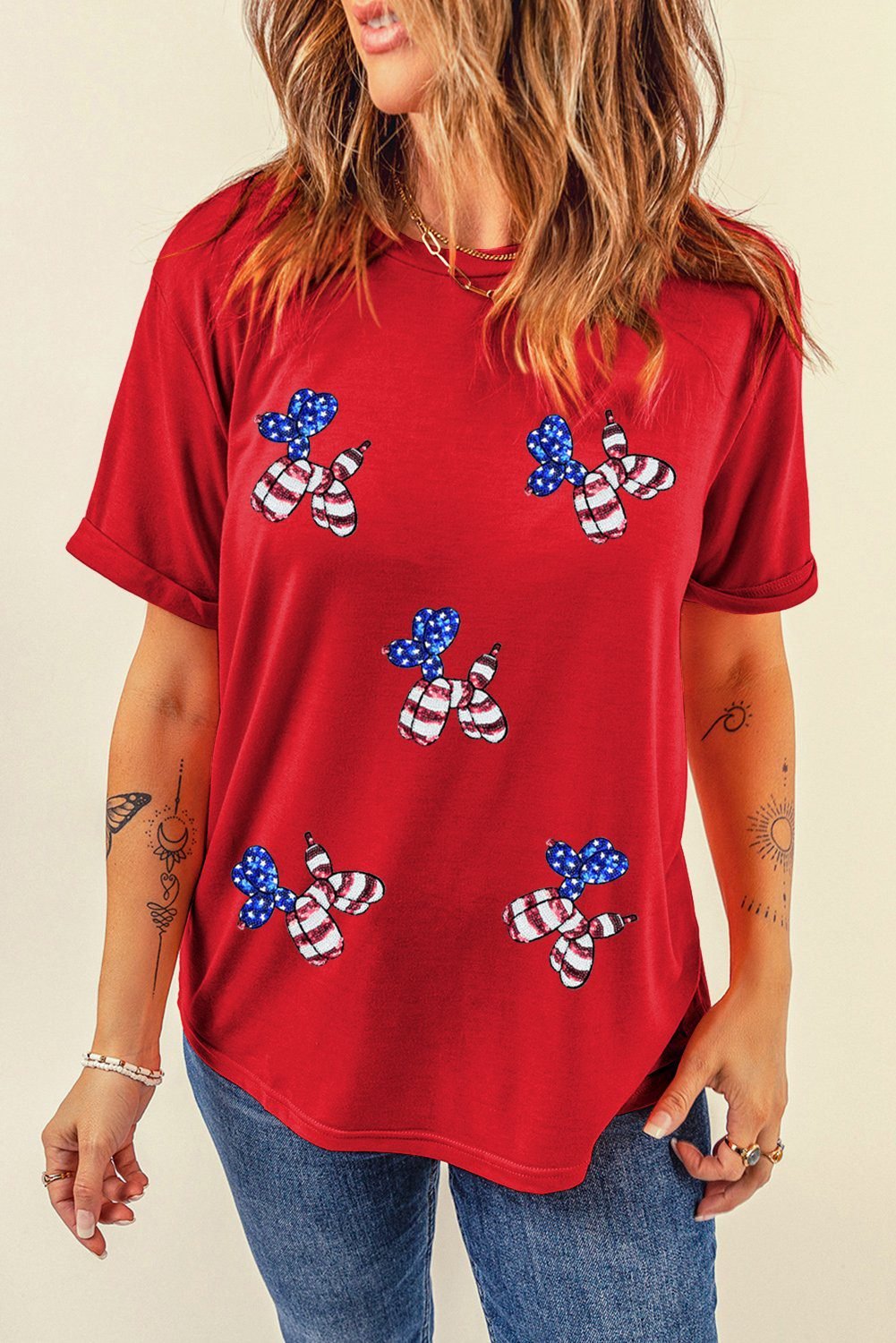 Red Sequin Stars And Stripes Balloon Puppy Graphic Crewneck Tee