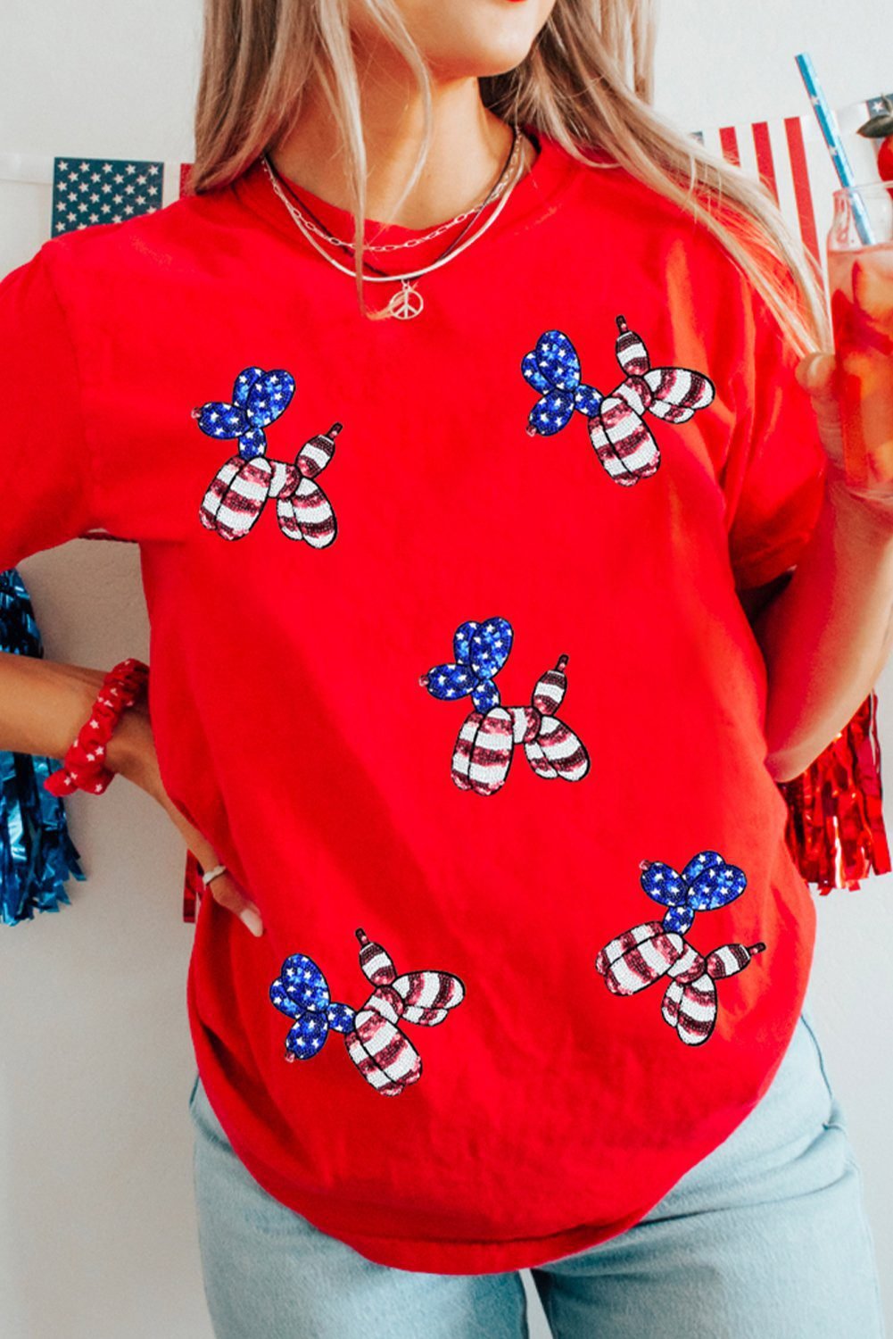 Red Sequin Stars And Stripes Balloon Puppy Graphic Crewneck Tee