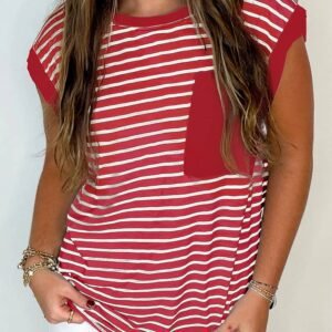 Red Stripe Chest Pocket Patch Round Neck Tank Top