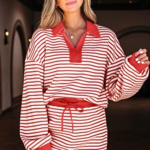 Red Stripe Collared V Neck Drop Shoulder Pullover And Skort 2Pcs Outfit