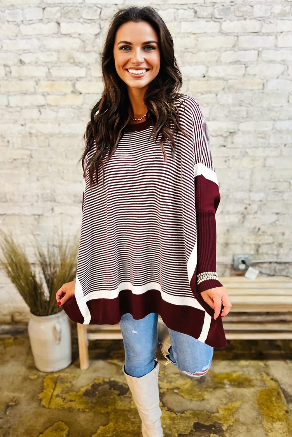 Red Stripe Color Block Patchwork Dolman Oversize Tunic Sweater