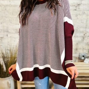 Red Stripe Color Block Patchwork Dolman Oversize Tunic Sweater