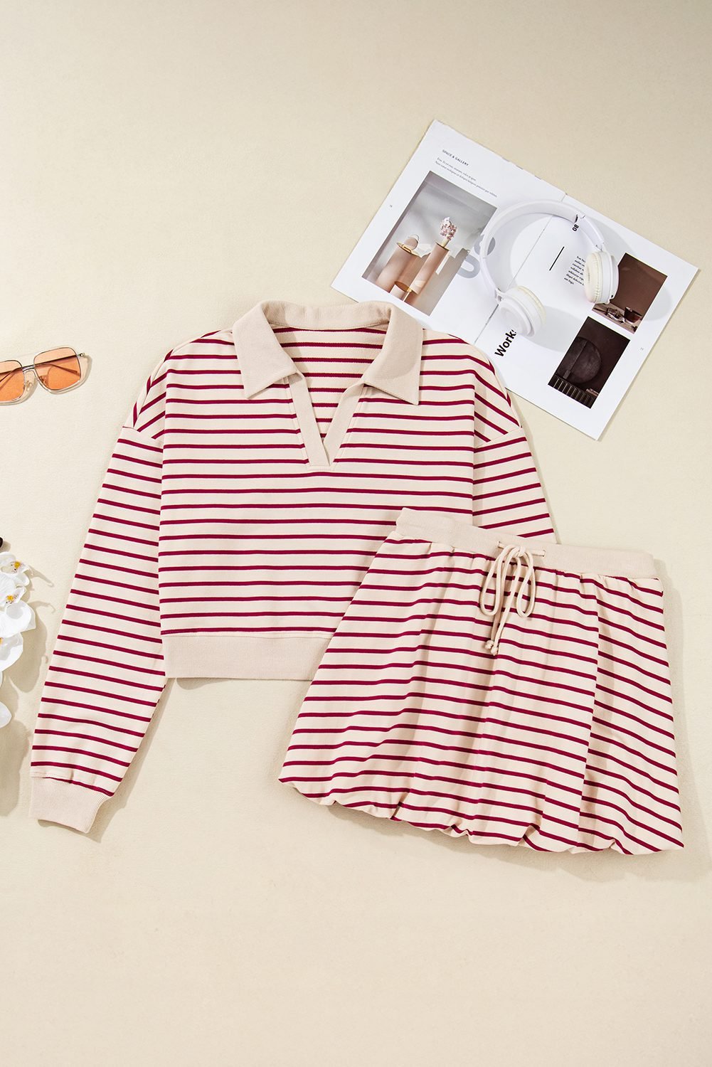 Red Stripe Cropped Collared Drop Shoulder Pullover And Bubble Mini Skirt Set