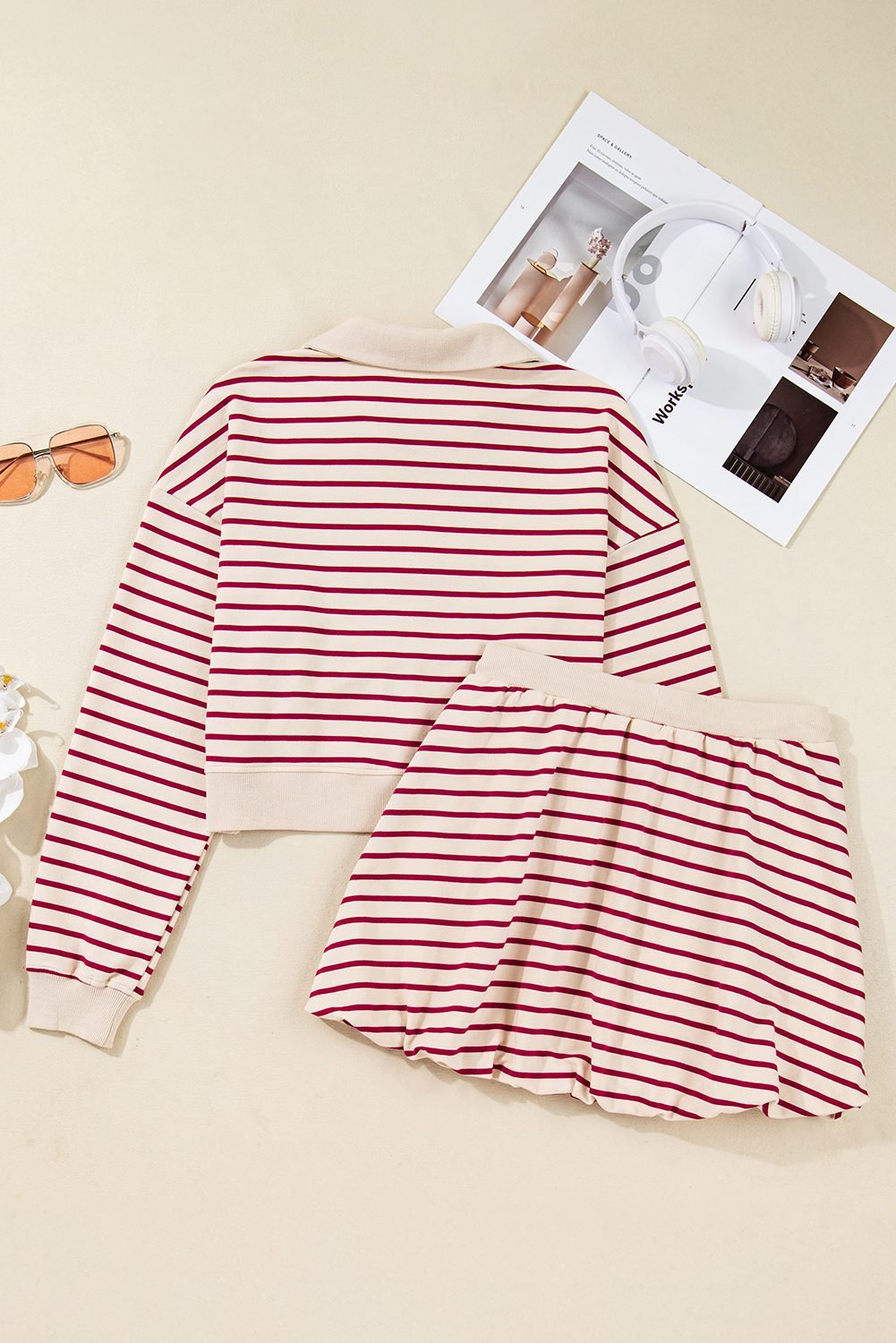 Red Stripe Cropped Collared Drop Shoulder Pullover And Bubble Mini Skirt Set