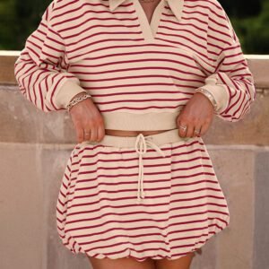 Red Stripe Cropped Collared Drop Shoulder Pullover And Bubble Mini Skirt Set