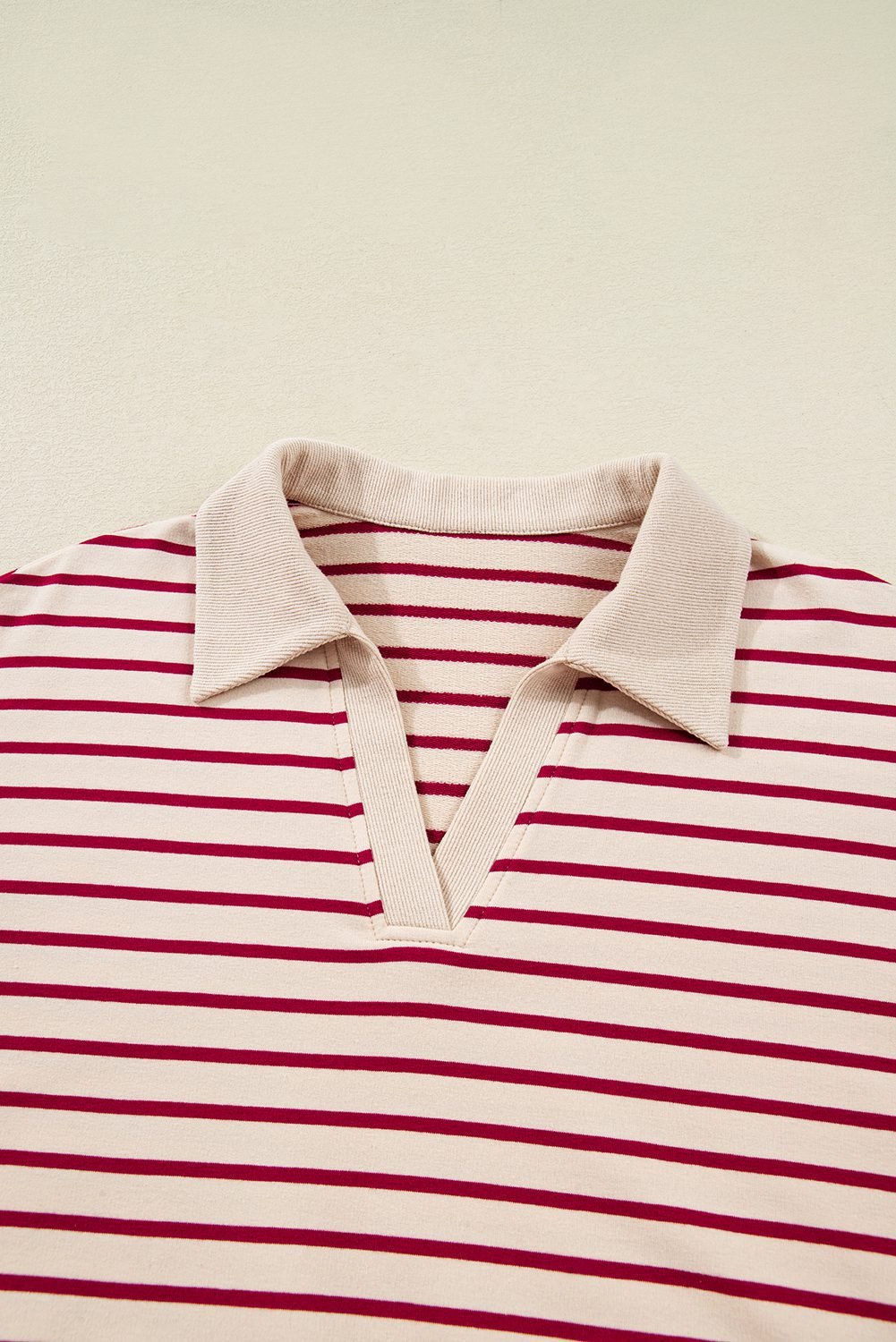 Red Stripe Cropped Collared Drop Shoulder Pullover And Bubble Mini Skirt Set