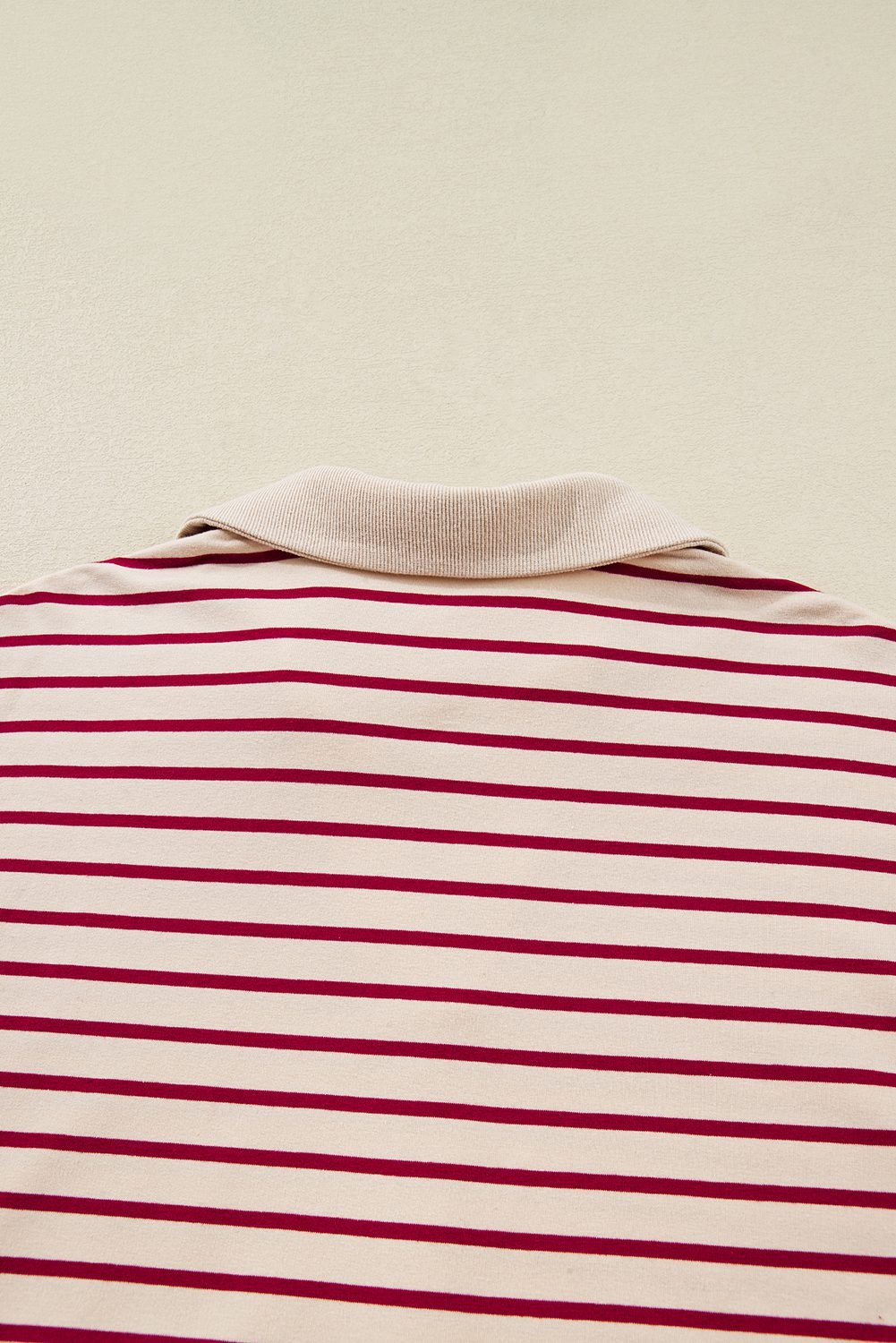 Red Stripe Cropped Collared Drop Shoulder Pullover And Bubble Mini Skirt Set