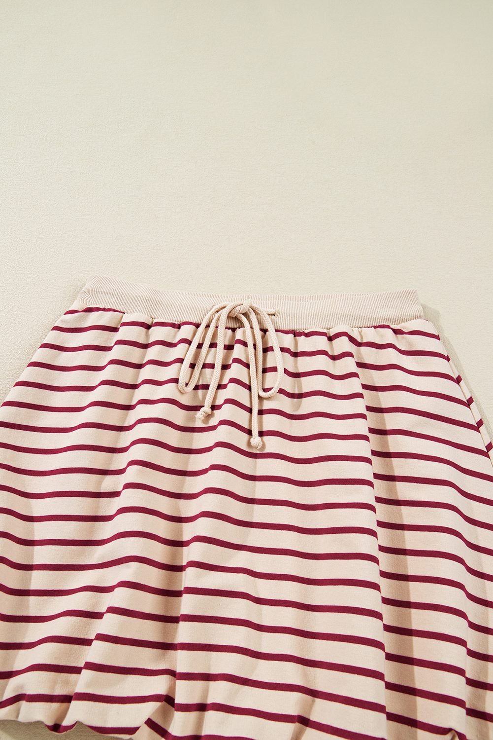 Red Stripe Cropped Collared Drop Shoulder Pullover And Bubble Mini Skirt Set