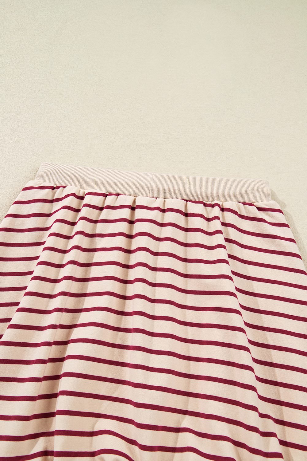 Red Stripe Cropped Collared Drop Shoulder Pullover And Bubble Mini Skirt Set