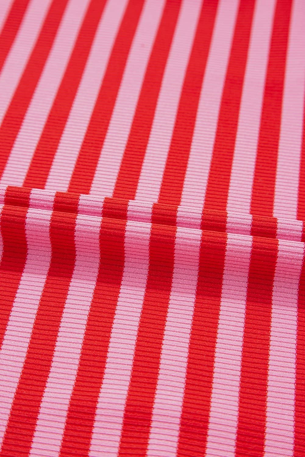 Red Stripe Ribbed Cap Sleeve Round Neck T Shirt