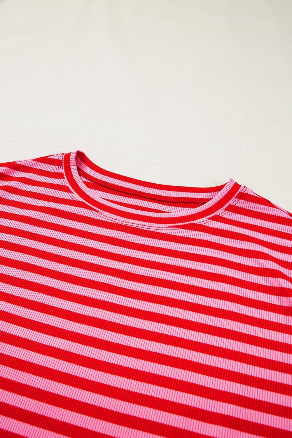 Red Stripe Ribbed Cap Sleeve Round Neck T Shirt