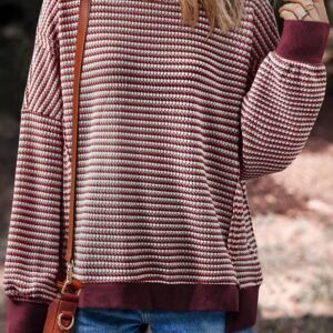 Red Stripe Ribbed Trim Drop Shoulder Long Sleeve Oversize Top