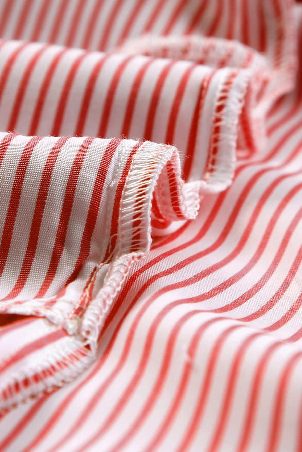 Red Stripe Smocked Cuffed Striped Boyfriend Shirt With Pocket