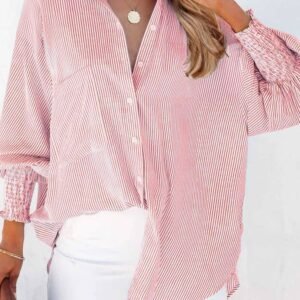 Red Stripe Smocked Cuffed Striped Boyfriend Shirt With Pocket