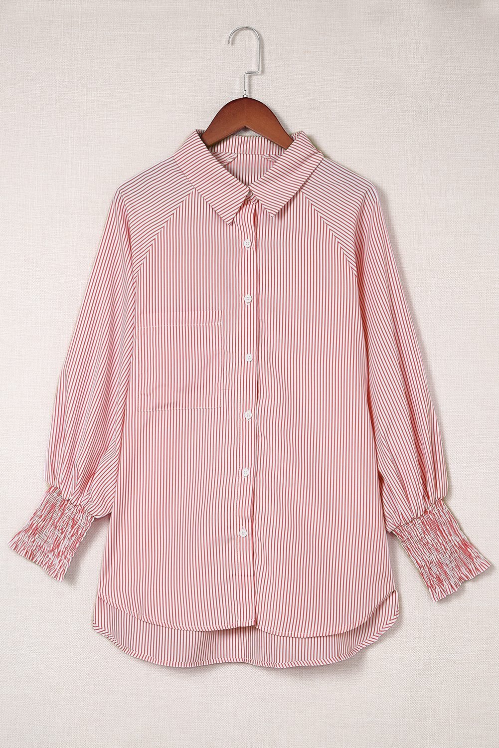 Red Stripe Smocked Cuffed Striped Boyfriend Shirt With Pocket