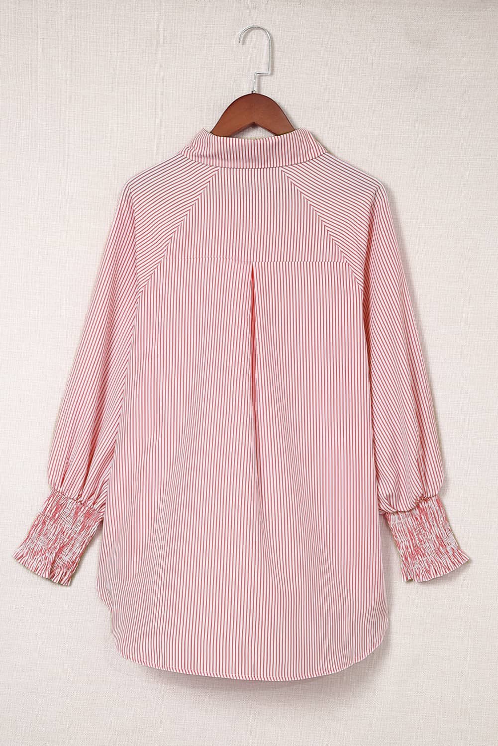 Red Stripe Smocked Cuffed Striped Boyfriend Shirt With Pocket