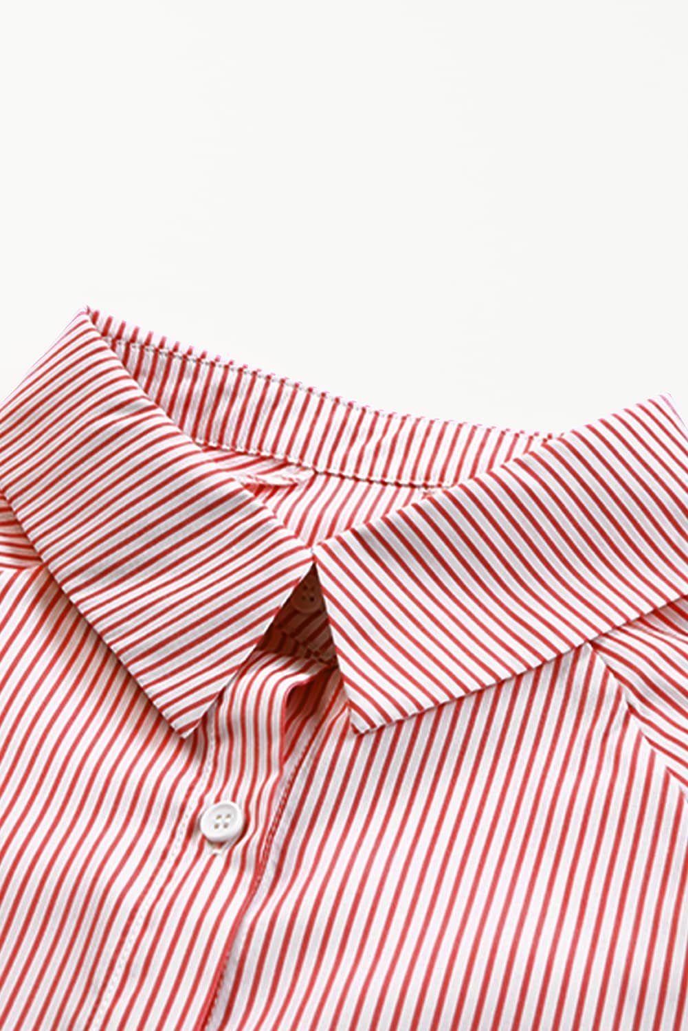 Red Stripe Smocked Cuffed Striped Boyfriend Shirt With Pocket