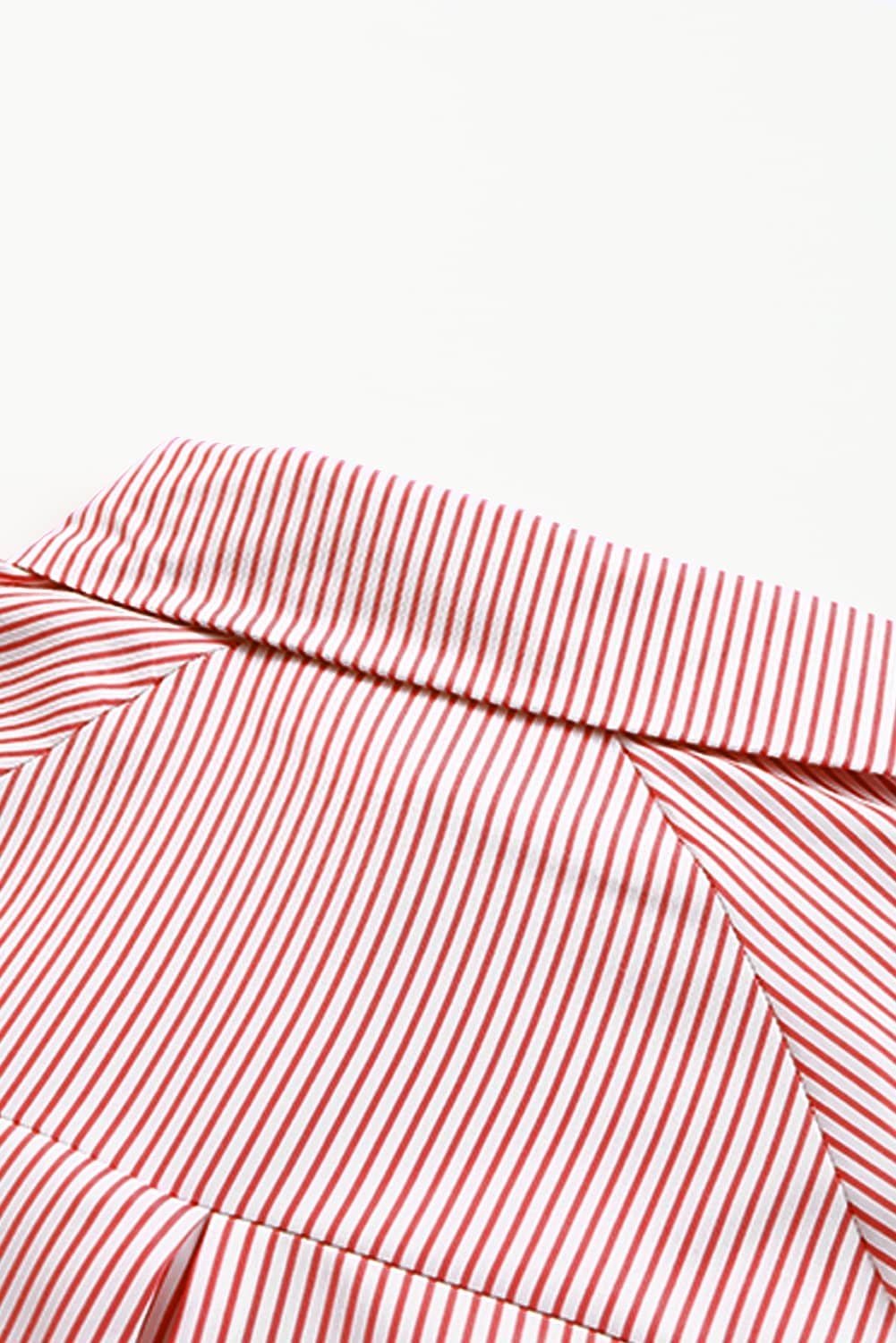 Red Stripe Smocked Cuffed Striped Boyfriend Shirt With Pocket