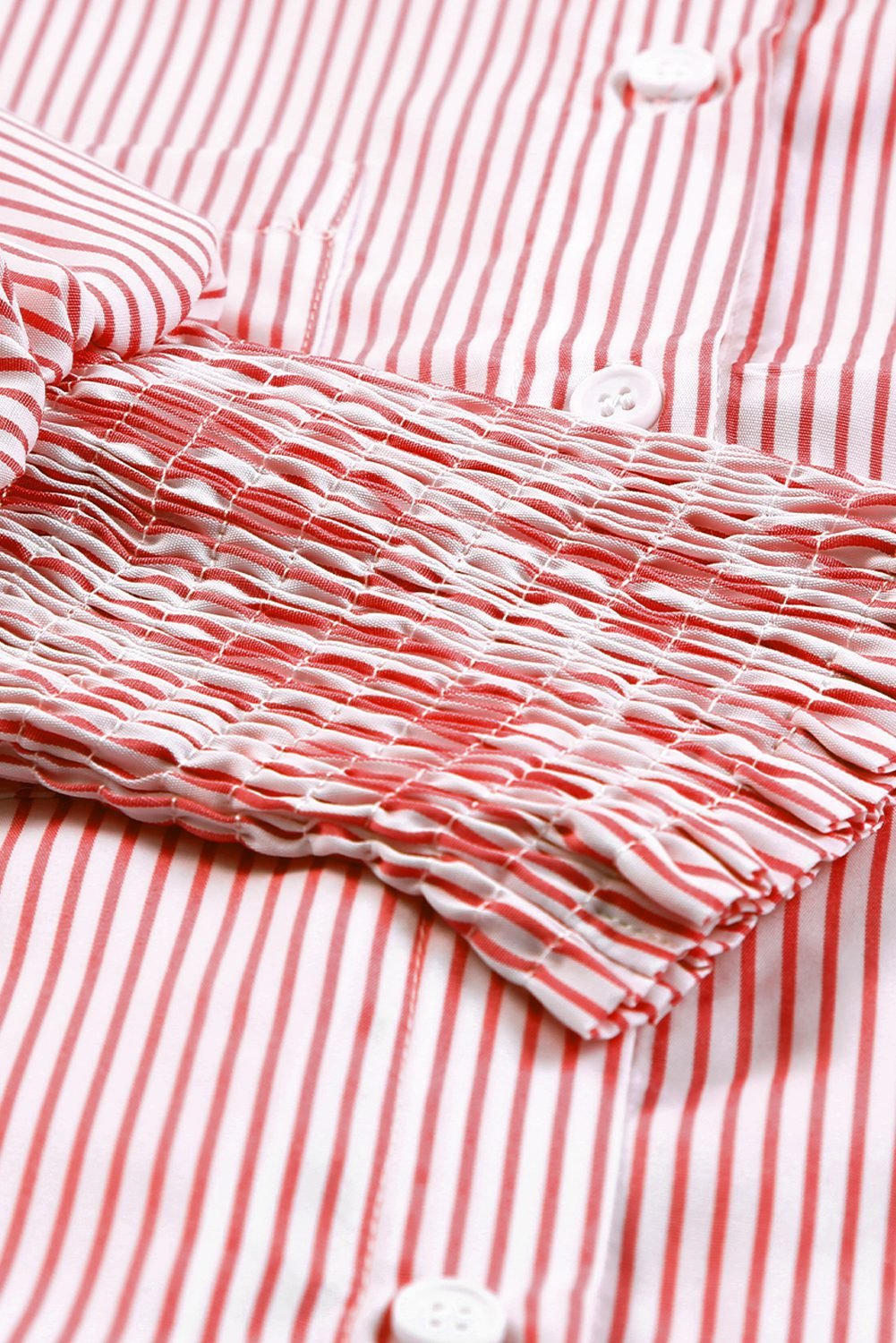 Red Stripe Smocked Cuffed Striped Boyfriend Shirt With Pocket